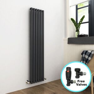 Elegant - 1600 x 360 mm Modern Vertical Column Designer Radiator Anthracite Oval Single Panel Radiator Heater + Anthracite Thermostatic Radiator