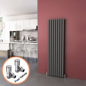 Elegant - 1600 x 480 mm Modern Vertical Column Designer Radiator Anthracite Oval Double Panel Radiator Heater + Angled Radiator Valves