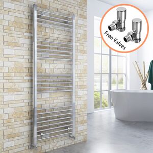 Elegant - 1600 x 600 mm Chrome Radiator Bathroom Straight Towel Rail Radiator + Angled Radiator Valves