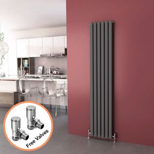 Elegant - 1800 x 360 mm Anthracite Modern Vertical Column Radiator Oval Double Panel Designer Heater + Angled Radiator Valves