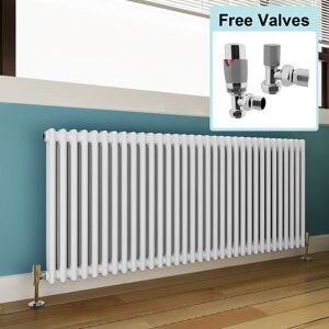 Elegant - 600 x 1505 mm Traditional Column Radiators Horizontal Double Panel Cast Iron Central Heating Rads + Chrome Thermostatic Radiator Valves