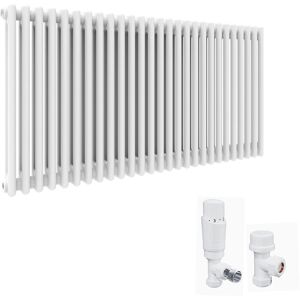 Elegant - 600 x 1505 mm Traditional Column Radiators Horizontal Double Panel Cast Iron Central Heating Rads and White Thermostatic Radiator Valves