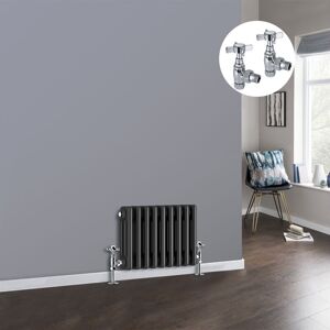 NRG Anthracite 3 Column Traditional Cast Iron Style Radiator with Chrome Angled Cross Head Manual Valves Horizontal 300x427mm