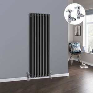 NRG Anthracite 3 Column Traditional Cast Iron Style Radiator with Chrome Angled Cross Head Manual Valves Vertical 1500x562mm