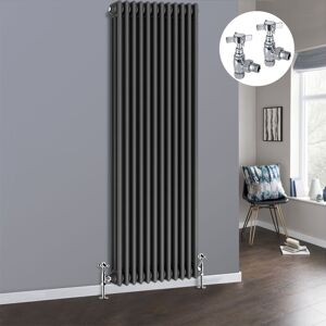 NRG - Anthracite 3 Column Traditional Cast Iron Style Radiator with Chrome Angled Cross Head Manual Valves Vertical 1800x562mm
