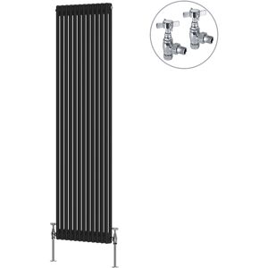 NRG - Black Traditional Cast Iron Style Radiator with Chrome Angled Cross Head Manual Valves Vertical 2 Column 1800x560mm