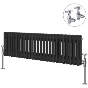 NRG - Black Traditional Cast Iron Style Radiator with Chrome Angled Cross Head Manual Valves Horizontal 2 Column 300x1190mm