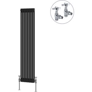 NRG - Black Traditional Cast Iron Style Radiator with Chrome Angled Cross Head Manual Valves Vertical 2 Column 1500x380mm