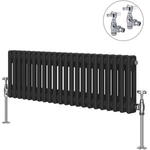NRG - Black Traditional Cast Iron Style Radiator with Chrome Angled Cross Head Manual Valves Horizontal 2 Column 300x1010mm