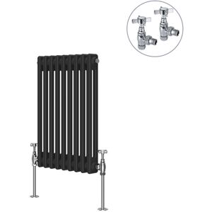 NRG - Black Traditional Cast Iron Style Radiator with Chrome Angled Cross Head Manual Valves Horizontal 2 Column 600x425mm