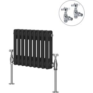 NRG - Black Traditional Cast Iron Style Radiator with Chrome Angled Cross Head Manual Valves Horizontal 2 Column 300x425mm
