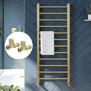 Fnx Bathrooms - Brushed Brass 1600 x 500mm Heated Bathroom Towel Rail Warmer Ladder Radiator with Straight Manual Valves Pair