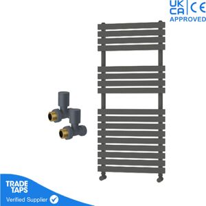 Gravahaus - Designer Delta Anthracite Flat Panel Towel Radiator Heated Ladder Rail - 1106 x 500mm - Straight Manual Round Valve Pair