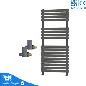 Gravahaus - Designer Delta Anthracite Flat Panel Towel Radiator Heated Ladder Rail - 1106 x 500mm - Straight Manual Square Valve Pair