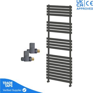 Gravahaus - Designer Delta Anthracite Flat Panel Towel Radiator Heated Ladder Rail - 1424 x 500mm - Straight Manual Square Valve Pair
