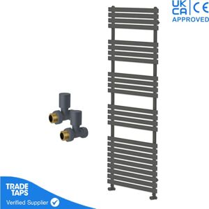 Gravahaus - Designer Delta Anthracite Flat Panel Towel Radiator Heated Ladder Rail - 1742 x 500mm - Straight Manual Round Valve Pair