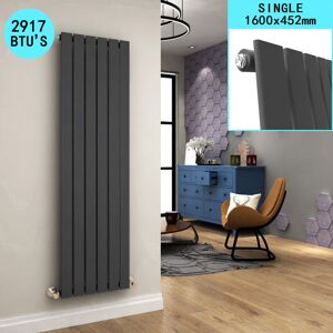Elegant - Designer Vertical Column Radiator Anthracite Single Flat Panel 1600 x 452mm with Angled Radiator Valves