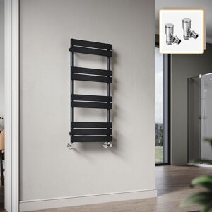 Elegant - 1000 x 450mm Heated Towel Rail Black Radiator, Flat Panel Design Tower Hanger, Wall Mounted Ladder + Angled Radiator Valves