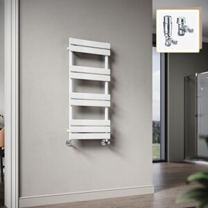 Elegant - 1000 x 450mm Heated Towel Rail White Radiator, Modern Flat Panel Designer Central Heating Towel Warmers + Chrome Thermostatic Radiator