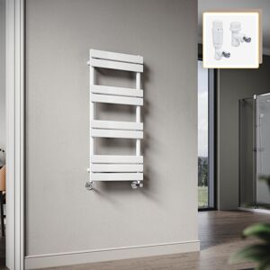 Elegant - 1000 x 450mm Heated Towel Rail White Flat Panel Design Tower Hanger, Modern Bathroom Radiator, Wall Mounted Ladder + White Thermostatic