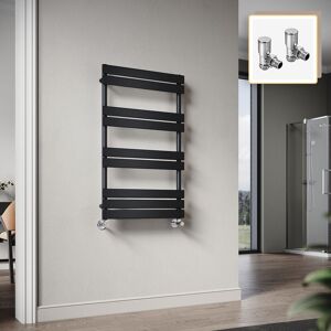 Elegant - 1000 x 600mm Heated Towel Rail Black Radiator, Flat Panel Design Tower Hanger, Wall Mounted Ladder + Angled Radiator Valves