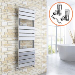 Elegant - 1200 x 400 Chrome Designer Flat Panel Heated Towel Rail Radiator + Angled Radiator Valves