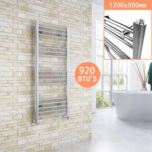Elegant - 1200 x 500 mm Chrome Designer Flat Panel Towel Rail Radiator Bathroom Heated + Chrome Thermostatic Radiator Valves