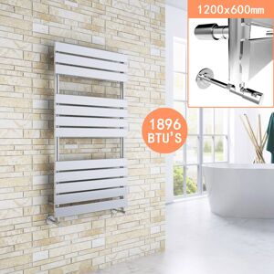 Elegant - 1200 x 600mm Chrome Designer Flat Panel Heated Towel Rail Modern Bathroom Radiator + Angled Radiator Valves