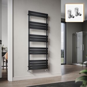 Elegant - 1600 x 600mm Heated Towel Rail Black Radiator, Flat Panel Design Tower Hanger, Wall Mounted Ladder + Angled Radiator Valves