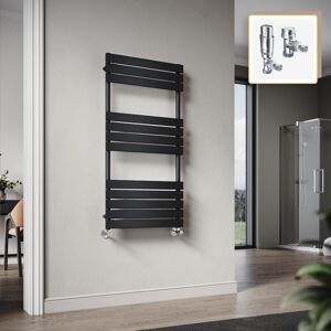 Elegant 1200 x 600mm Heated Towel Rail Black Radiator, Modern Flat Panel Designer Central Heating Towel Warmers + Chrome Thermostatic Radiator Valves