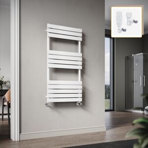 Elegant - 1200 x 600mm Heated Towel Rail White Flat Panel Design Tower Hanger, Modern Bathroom Radiator, Wall Mounted Ladder + White Thermostatic