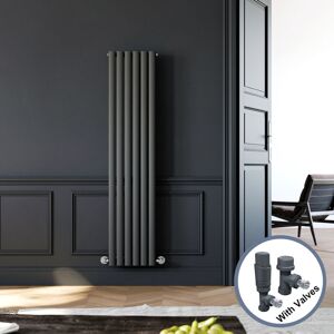 Elegant - 1600 x 360 mm Modern Vertical Column Designer Anthracite Radiator Single Oval Panel Radiator Heater + Anthracite Thermostatic Radiator