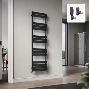 Elegant 1600 x 450mm Heated Towel Rail Black Flat Panel Design Tower Hanger, Modern Bathroom Radiator, Wall Mounted Ladder + Anthracite Thermostatic