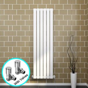 Elegant - 1600 x 452 mm High Heat Output White Vertical Rads Single Flat Panel Radiator Designer Column Radiator + Angled Radiator Valves