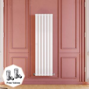 Elegant - 1600 x 452 mm White Designer Vertical Column Radiator single Flat Panel Designer Modern Heating Radiator + Angled Radiator Valves
