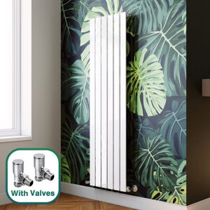 Elegant - 1600 x 452 mm White Horizontal Column Radiator single Flat Panel Designer High Heat Output + Angled Radiator Valves