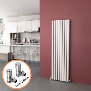 Elegant - 1600 x 480mm Vertical Column Radiator White Oval Double Panel Designer Radiator Heater + Angled Radiator Valves