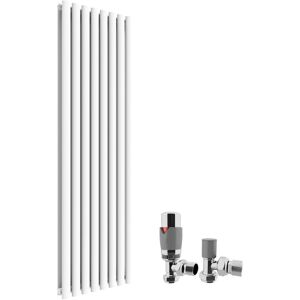 Elegant - 1600 x 480mm Vertical Column Radiator White Oval Double Panel Designer Radiator Heater + Chrome Thermostatic Radiator Valves
