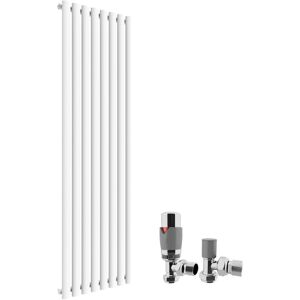 Elegant - 1600 x 480mm Vertical Column Radiator White Oval Single Panel Designer Radiator Heater + Chrome Thermostatic Radiator Valves