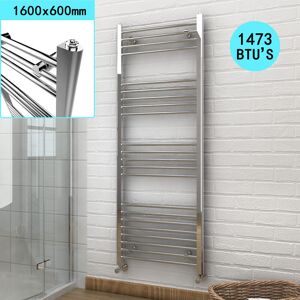 Elegant - 1600 x 600 mm Chrome Designer Flat Panel Heated Straight Towel Rail Radiator + Chrome Thermostatic Radiator Valves