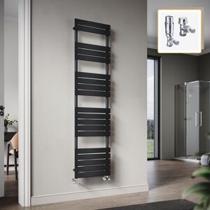Elegant - 1800 x 450mm Heated Towel Rail Black Radiator, Modern Flat Panel Designer Central Heating Towel Warmers + Chrome Thermostatic Radiator