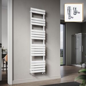 Elegant 1800 x 450mm Heated Towel Rail White Radiator, Modern Flat Panel Designer Central Heating Towel Warmers + Chrome Thermostatic Radiator Valves