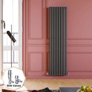 Elegant - 1800 x 472mm Anthracite Designer Radiator Single Panel Oval Column Vertical Central Heating Rad + Chrome Thermostatic Radiator Valves