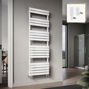 Elegant - 1800 x 600mm Heated Towel Rail White Flat Panel Design Tower Hanger, Modern Bathroom Radiator, Wall Mounted Ladder + White Thermostatic