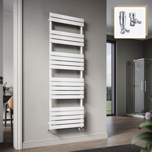 Elegant - 1800 x 600mm Heated Towel Rail White Radiator, Modern Flat Panel Designer Central Heating Towel Warmers + Chrome Thermostatic Radiator