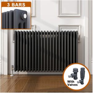 Elegant - 600 x 1010 mm Anthracite Triple Column Radiator Traditional Horizontal Radiator Efficient Rads + Anthracite Thermostatic Radiator Valves