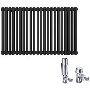 Elegant - 600 x 1010 mm Traditional Radiator Anthracite Double Horizontal Radiator Cast Iron Grey Radiator 2 Column + Chrome Thermostatic Radiator