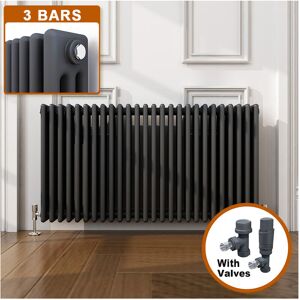 Elegant - 600 x 1190 mm Anthracite Traditional Designer Radiator Horizontal Column Radiator Heater 3 Column + Anthracite Thermostatic Radiator Valves