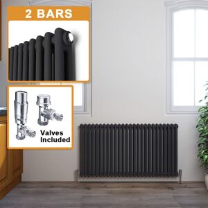 Elegant - 600 x 1190 mm Traditional Cast Iron Style Horizontal Radiator with Anthracite 2 Column + Chrome Thermostatic Radiator Valves