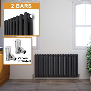 Elegant - 600 x 1190 mm Traditional Radiator Cast Iron Style Radiator Anthracite 2 Column Radiators + Angled Radiator Valves